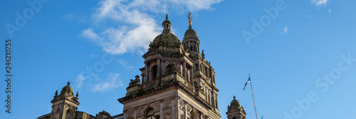 Panoramic picture of the upper section of the Glasgow City Chambers' building, Glasgow, Scotland