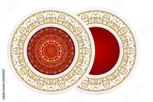 decorative plates for interior design. Empty dish, porcelain plate mock up design. Vector illustration. Decorative plates with stilish ornament patterns. Home decor background.