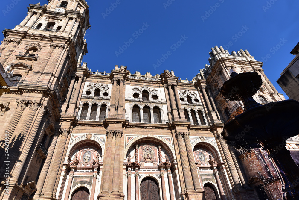 West elevation of Malaga Cathedral & Facade of Palacio Episcopal, Malaga, Andalucia, Spain