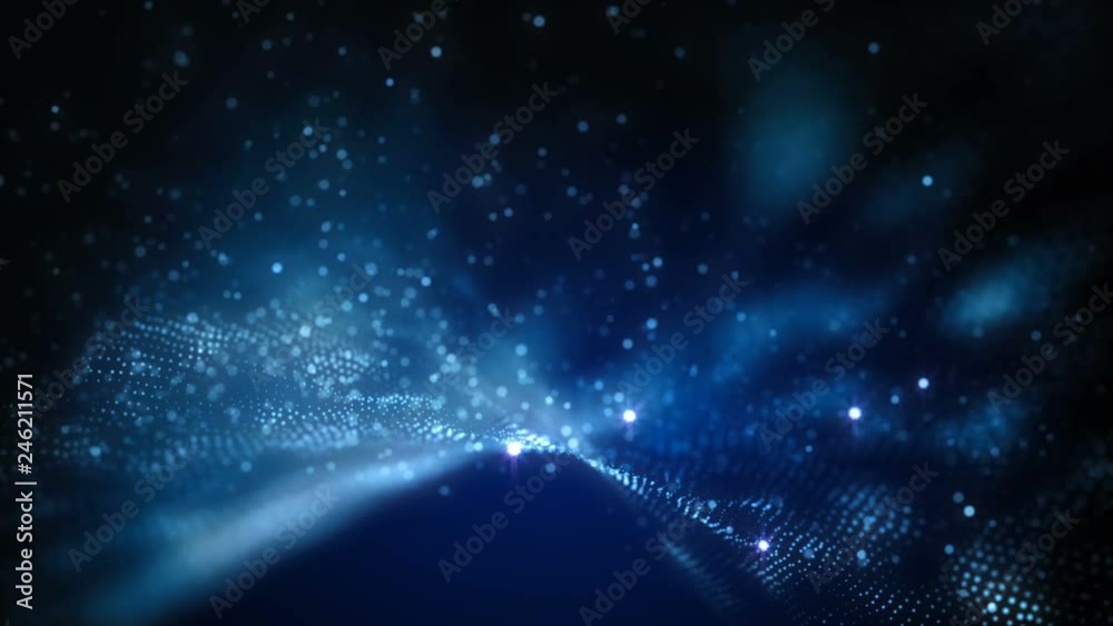 4K Abstract motion background animation shining particles stars sparks and magic dust forming in space wave flow with light rays and projections seamless loop