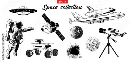 Fototapeta Naklejka Na Ścianę i Meble -  Vector engraved style illustration for logo, emblem, label or poster. Hand drawn sketch set of space elements isolated on white background. Detailed vintage doodle drawing.