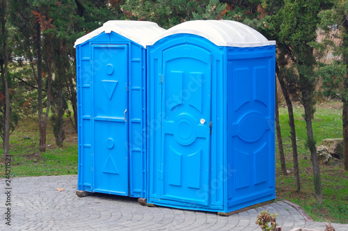 two blue biotoilet