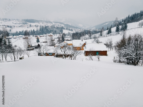 Winter countryside mountain landscape with wooden houses covered with snow, forests in the misty distant background. Picturesque and peaceful wintry scene European resort location Copy space for text © Kalinova Olena