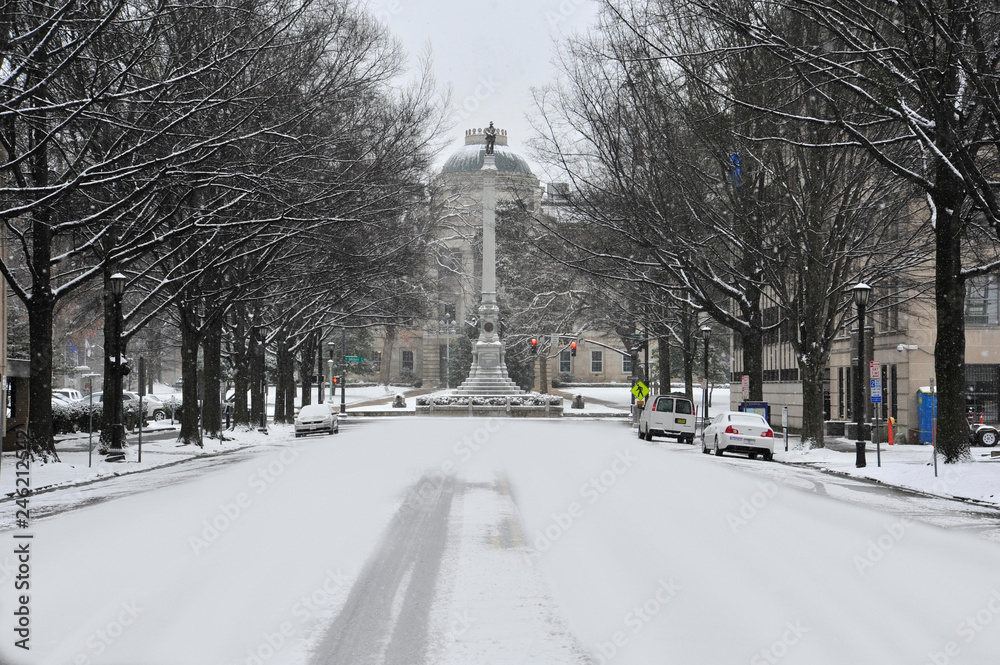 Raleigh's Capitol Square and the Confederate Monument are seen during a winter storm that dumped several inches of snow. 