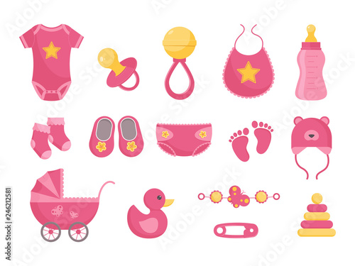 Baby born vector illustration set - various toddler equipment for little girl in flat style.