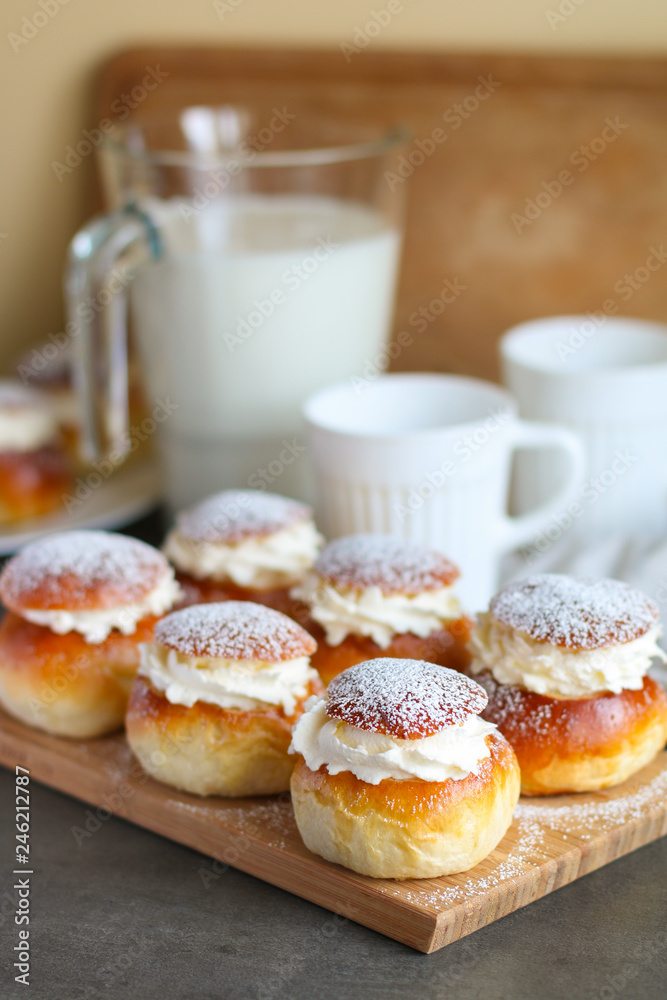 Homemade semla or vastlakukkel (in Estonia) is a traditional sweet roll with whipped cream made in Scandinavic and Baltic countries for Shrove Tuesday or related days Homemade semla or vastlakukkel (in Estonia) is a traditional sweet roll with whipped cream made in Scandinavic and Baltic countries for Shrove Tuesday or related days