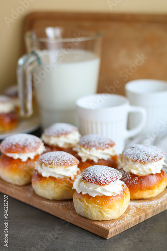 Homemade semla or vastlakukkel (in Estonia) is a traditional sweet roll with whipped cream made in Scandinavic and Baltic countries for Shrove Tuesday or related days