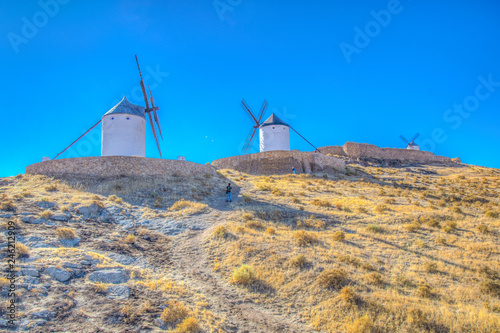 Traditional white windmills at Consuegra in Spain