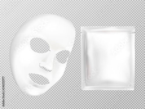 Vector 3d realistic white sheet facial cosmetic mask and sachet isolated on transparent background. Skincare, moisturizing or anti-aging cream, natural cosmetics for face treatment. Mockup for package