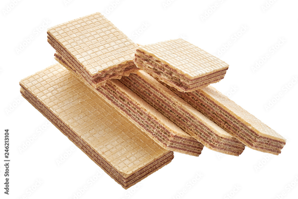 Heap of rectangular shaped wafer biscuits and one broken halved into two pieces Heap of rectangular shaped wafer biscuits and one broken halved into two pieces
