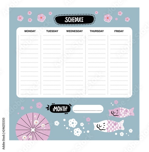 Vector weekly planner with japanese icons in cartoon style 