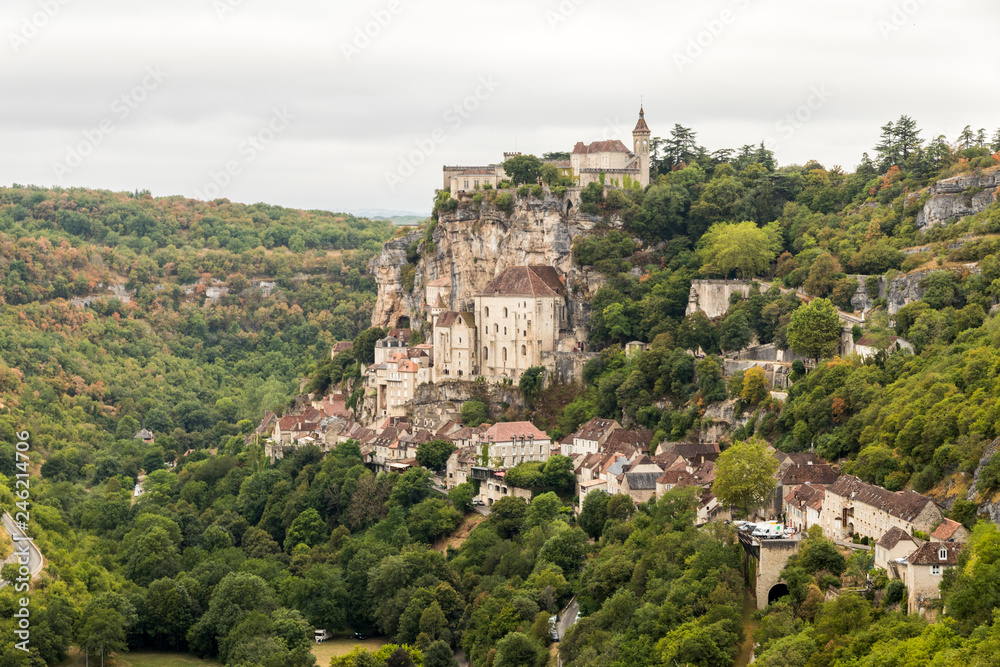 Rocamadour, France. Village on a cliff on the gorge of Dordogne river, with the Sanctuary of the Blessed Virgin Mary (Cite religieuse sanctuaire)
