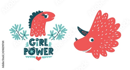 Dinosaur cute baby girl vector illustration and dino character in flat cartoon style