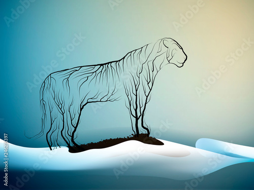 tiger extinction concept, spirit of dying tigers due the climate change, tiger look like tree branches, protect the animal and forest,