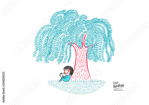 Little girl reading under a willow tree, vector illustration