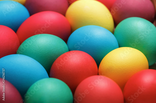 A lot of colorful painted eggs. Happy Easter. Close-up
