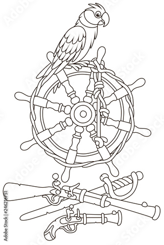 Pirate parrot on an old ship steering-wheel, a gun, a pistol and a saber of filibusters, black and white vector illustration in a cartoon style for a coloring book