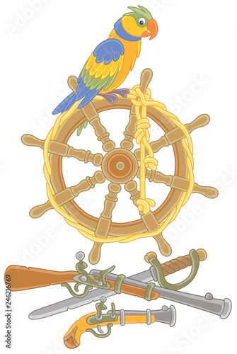 Colorful pirate parrot on an old ship steering-wheel, a gun, a pistol and a saber of filibusters, vector illustration in a cartoon style