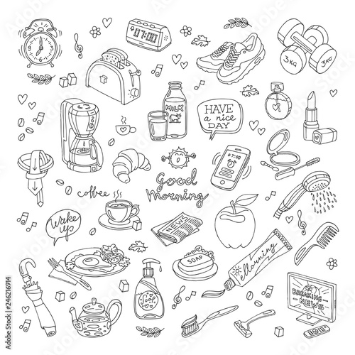 Vector lineillustration of morning with white background. Morning and breakfast handmade color sketch. Drawing icons with coffee, tea, toothpaste, shoes and more symbols.