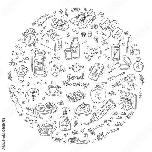 Handmade vector draw doodle illustration of morning and breakfast in circle shape.