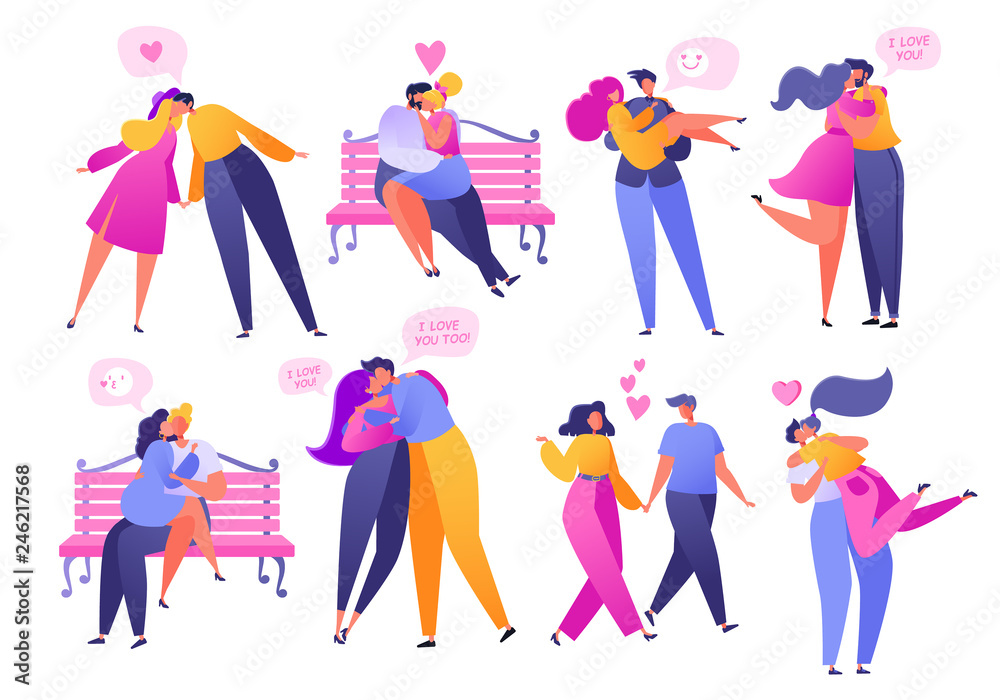Set of people in love. Valentine dating set. Romantic vector illustration on love story theme. Happy flat people character embrace and kiss. Lifestyle concept on Valentine Day theme. Network concept. Set of people in love. Valentine dating set. Romantic vector illustration on love story theme. Happy flat people character embrace and kiss. Lifestyle concept on Valentine Day theme. Network concept.