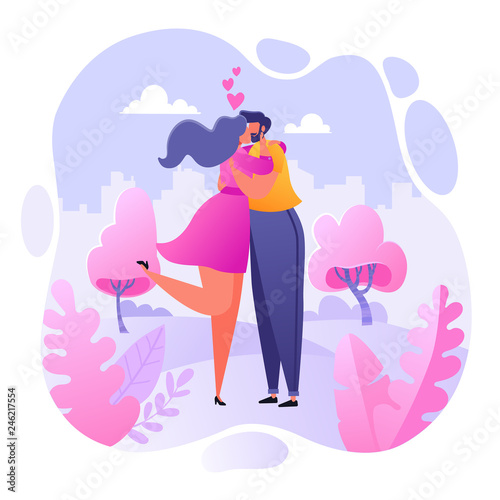 Romantic vector illustration on love story theme. Happy flat people character embrace and kiss. Happy lover man and woman flirt. Lifestyle concept on Valentine Day theme.