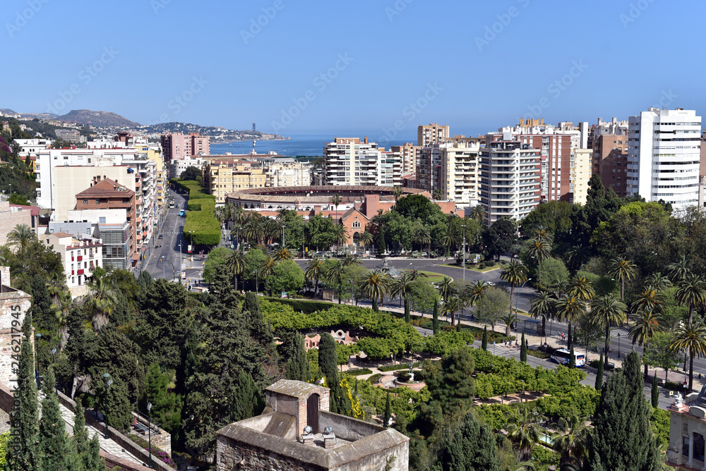 Panoramic view of Malaga City from Gibralfaro Castle, Spain