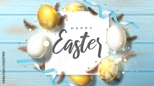 Festive banner for Happy Easter. Beautiful banner with realistic white and gold Easter eggs, sparkling golden confetti, satin ribbons and chicken feathers. Holiday vector illustration.