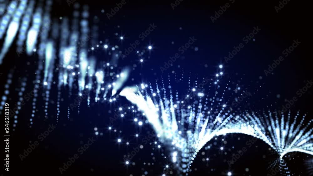 4K Abstract motion background animation shining particles stars sparks and magic dust forming in space wave flow with light rays and projections seamless loop