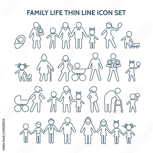 Family life thin line. Vector people icons. Pregnancy and child, retirement and motherhood, marriage and at home. Grandpa, grandchild