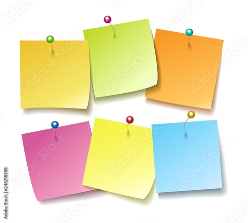 Sticky notes with pins. Wall post pin note set vector illustration, colorful blank paper stickers pushing on white background