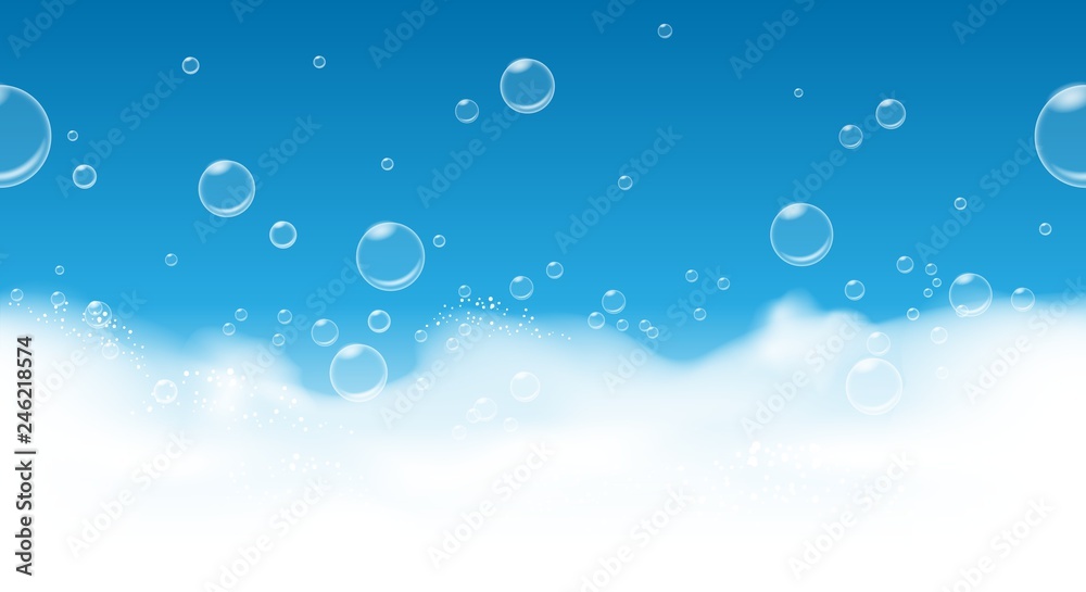 Soap bubbles background. Fresh suds blue horizontal seamless pattern, foam hygiene soapy backgdrop, vector illustration