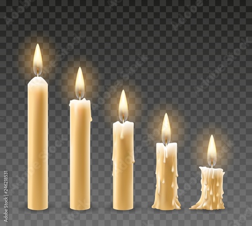 Burning candles. Burn isolated candle objects, flicker church candles at different stages of burning vector illustration