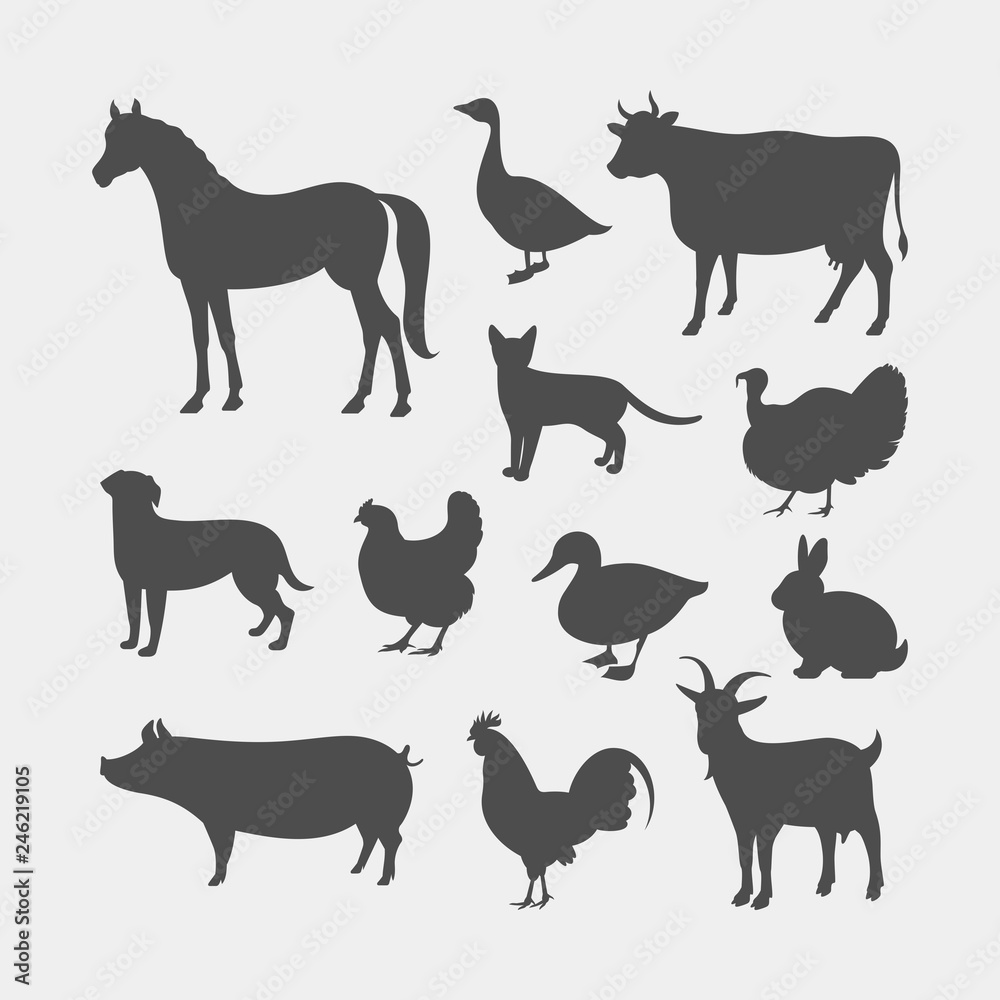 Farm animals silhouettes. Horse, cow, pig, goat, rabbit, cat, dog, goose, chicken, duck, rooster, turkey vector silhouettes