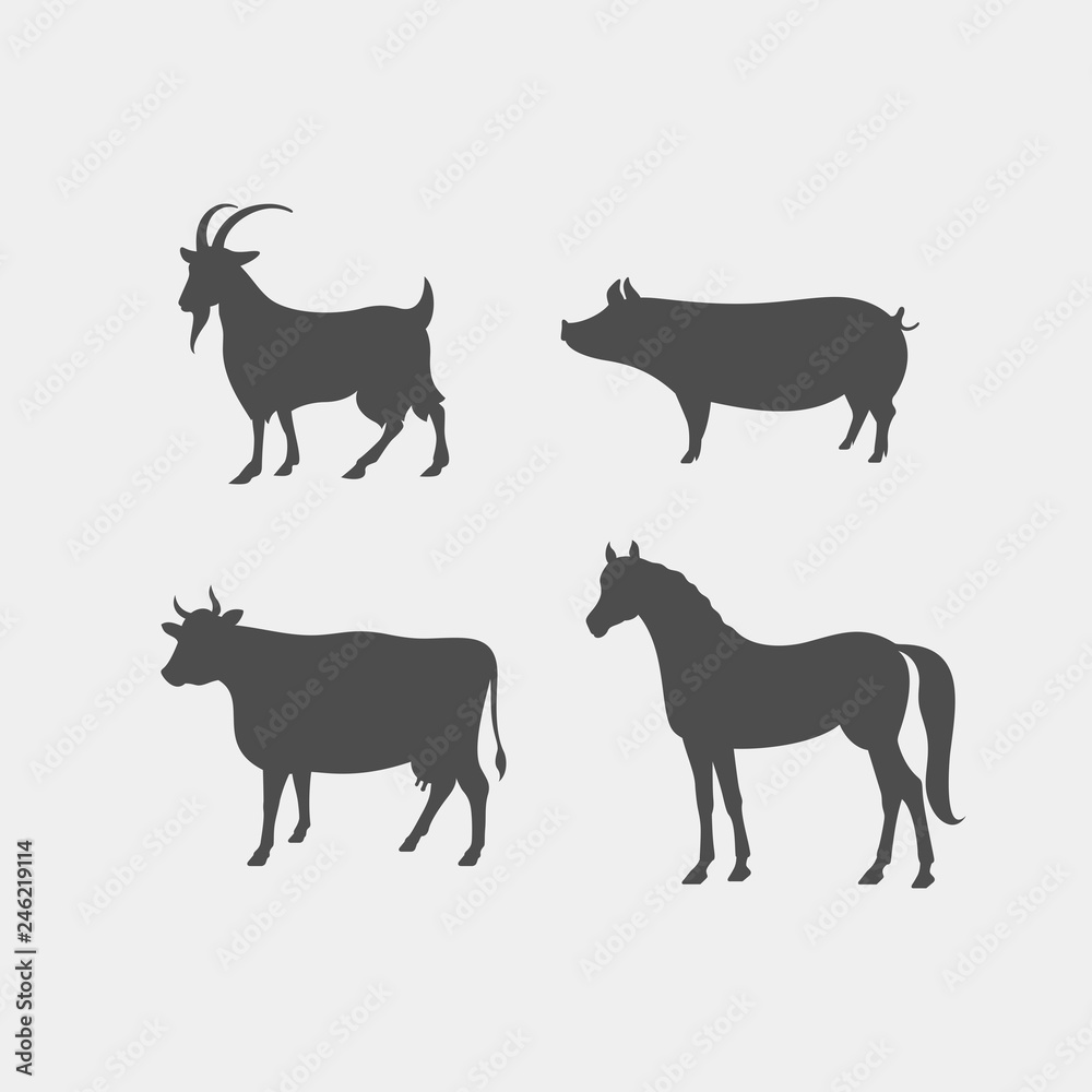 Farm animals vector silhouettes. Horse, cow, pig, goat vector silhouettes