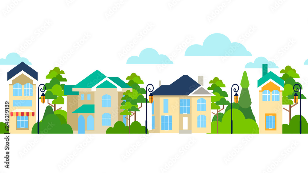 Seamless pattern. Street of houses and trees. Infinite city. In minimalist style. Flat isometric