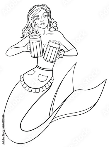 mermaid waitress holds two glasses of beer 