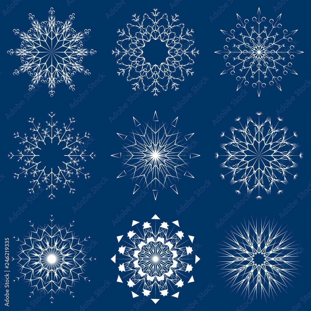 Naklejka premium Vector collection of artistic icy abstract crystal snow flakes isolated on background as winter december decoration group or collection. Ice or frost beautiful star ornament silhouette or season art