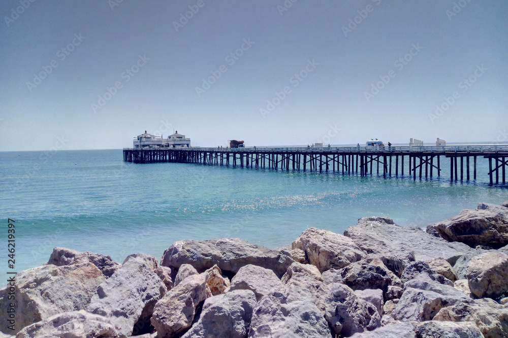 View of the pier on Santa Monica Beach in Southern California, Los Angeles.