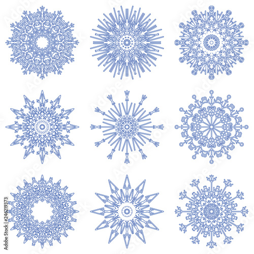 Vector collection of artistic icy abstract crystal snow flakes isolated on background as winter december decoration group or collection. Ice or frost beautiful star ornament silhouette or season art