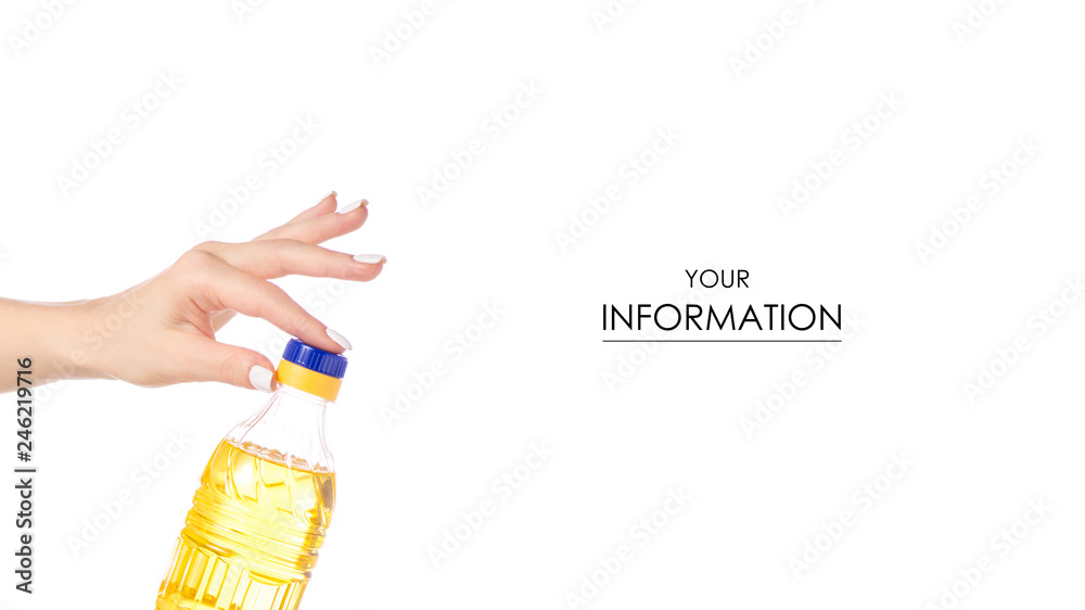 Bottle of sunflower oil in a hand pattern on a white background isolation Bottle of sunflower oil in a hand pattern on a white background isolation