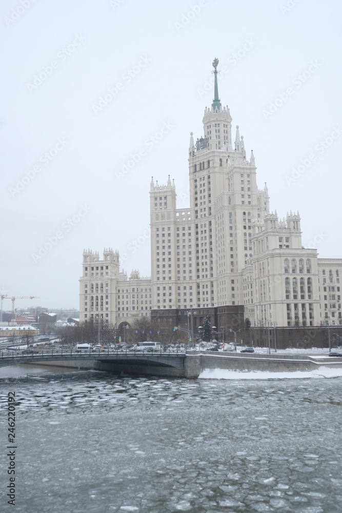 Moscow, Russia - January, 9, 2019: veiw to highrise building on Kotelnicheskaya embankment in Moscow, Russia