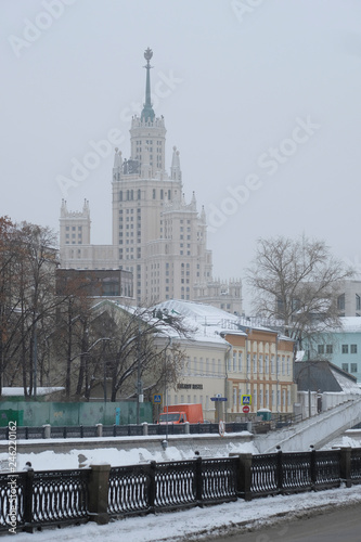 Moscow, Russia - January, 9, 2019: veiw to highrise building on Kotelnicheskaya embankment in Moscow, Russia