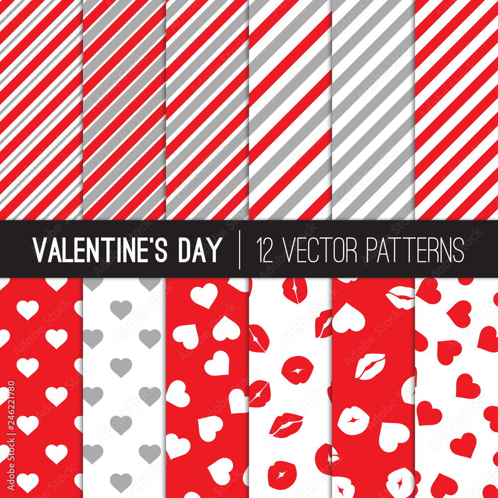 Valentine's Day Patterns with Red, White and Gray Stripes, Hearts, Lips and Kisses, Lipstick Marks. Cute Romantic Background Textures. Variable Width Striped Patterns. Vector Tile Swatches Included. Valentine's Day Patterns with Red, White and Gray Stripes, Hearts, Lips and Kisses, Lipstick Marks. Cute Romantic Background Textures. Variable Width Striped Patterns. Vector Tile Swatches Included.