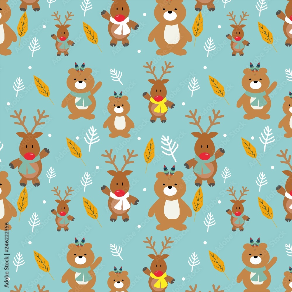 Seamless background. Pattern with doodle cute bear and deer Seamless background. Pattern with doodle cute bear and deer
