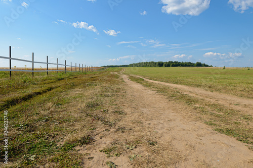 dirt road along a fence through summer green field