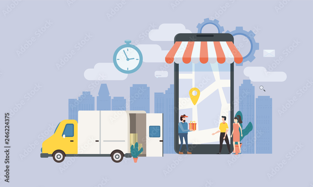 Concept Online delivery service, tracking online tracker, landing page. Tiny people, a truck with a delivery man, a man and a woman buyers, a package delivery, smartphone, a stopwatch. Internet Concept Online delivery service, tracking online tracker, landing page. Tiny people, a truck with a delivery man, a man and a woman buyers, a package delivery, smartphone, a stopwatch. Internet
