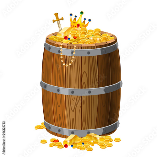 Wooden barrel with treasures, gold and precious stones, a crown, sword, coins, with metal stripes, for alcohol, wine, rum, beer and other beverages, or treasures, gunpowder. Isolated on white