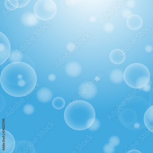 Light blue abstract background with a bokeh in the form of circles. Underwater world with air bubbles. Vector illustration.