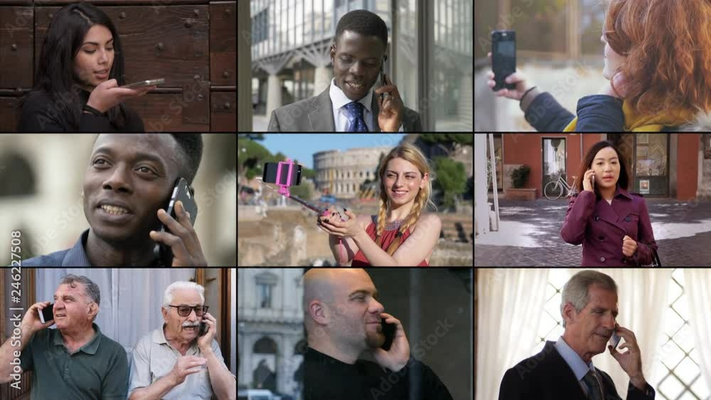 Multiscreen on people using smartphone. Old people,business people,young people Multiscreen on people using smartphone. Old people,business people,young people